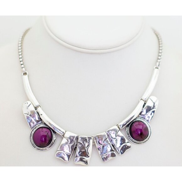 18 inch, Vintage Purple Beads Silver Tone Avant Garde Bib Necklace - J1 - Picture 2 of 3